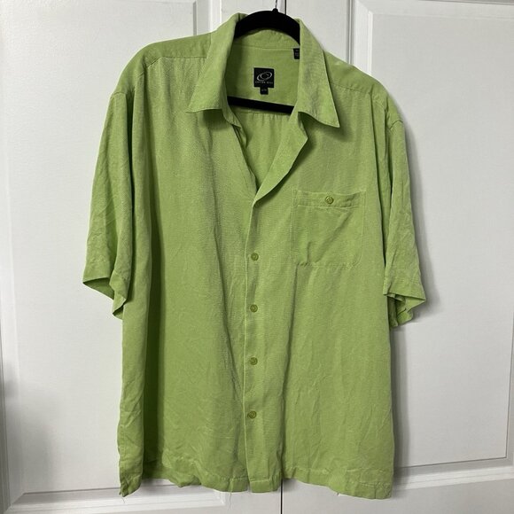 Cotton Reel Shirt Mens XL Green 100% Silk Short Sleeve Camp Button Up Hawaiian - Picture 1 of 8